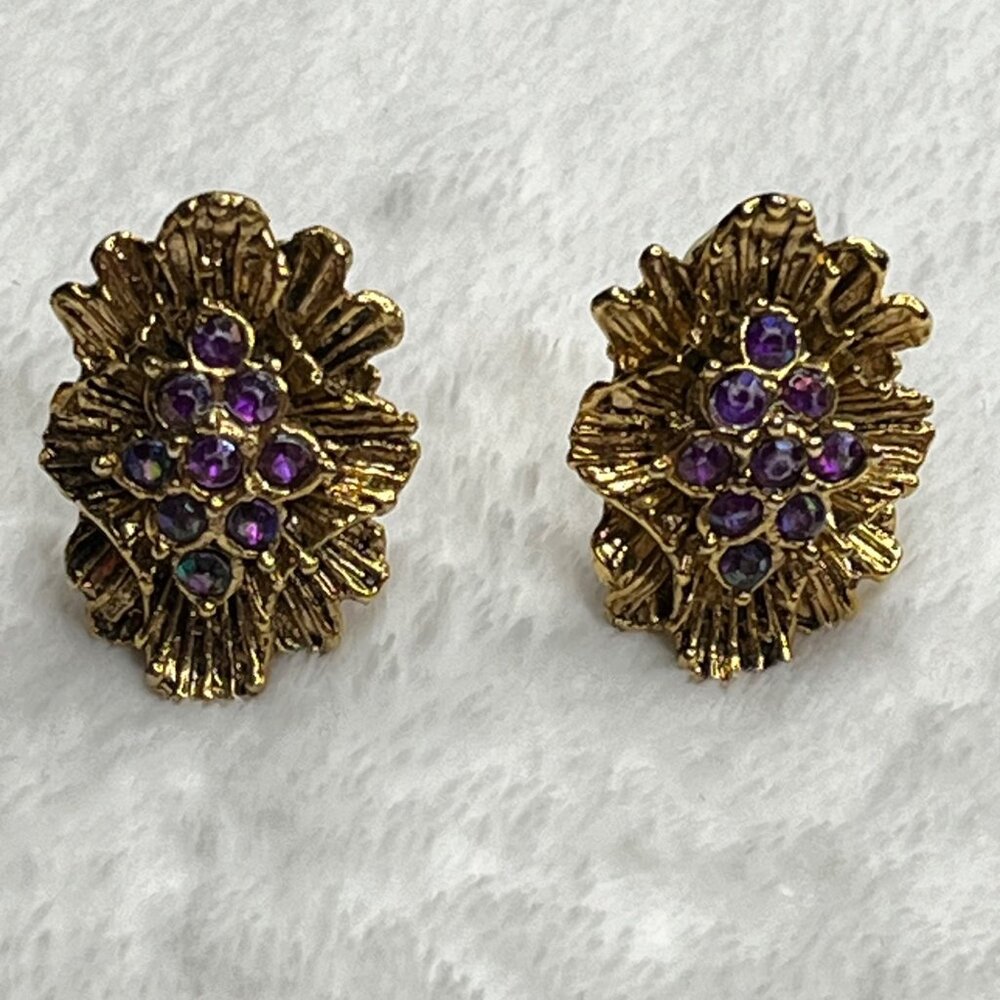Vintage Gold Tone Clip-On Earrings With Purple Rhinestones